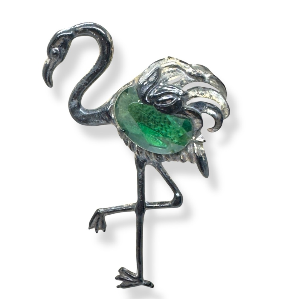 Antique - Vintage Acrylic & Green Rhinestone Belly Flamingo Brooch
